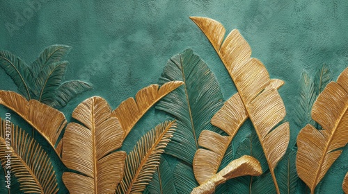 Abstract decorative mural featuring golden tropical leaves on a dark green textured background.