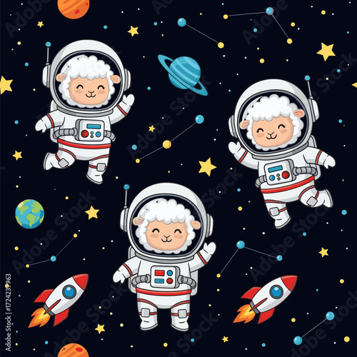 Cute astronaut sheep pattern in space with planets stars and rockets Fun childrens cosmic adventure