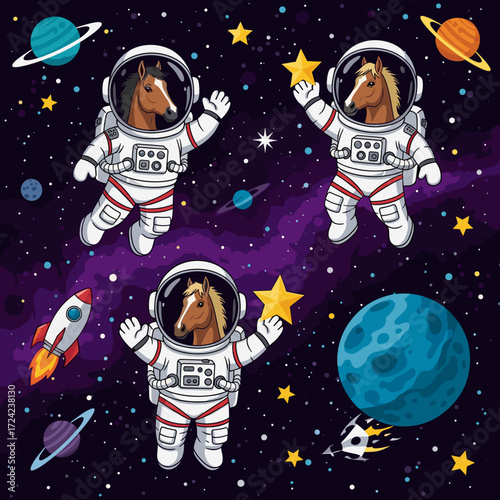 Cartoon horses in astronaut suits exploring outer space with planets stars and rockets Adventure concept