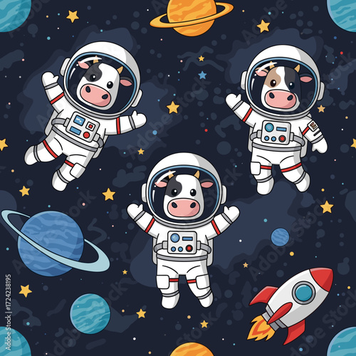 Cute astronaut cows float among planets and stars in a whimsical space adventure