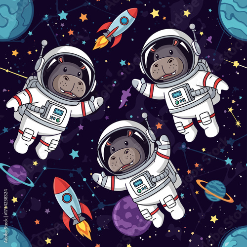 Three happy hippo astronauts explore space with rockets and colorful planets Fun adventure