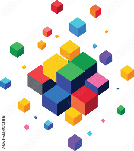 Abstract glitch effect colorful block vector scattered on white background