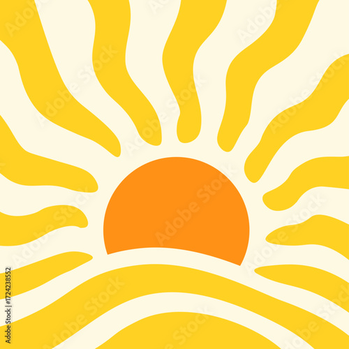 Summer sun retro abstract groovy background. Funky wave sun pattern poster cartoon illustration.