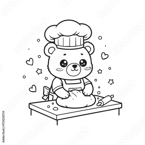 Cute Bear Chef Kneading Dough on a Table