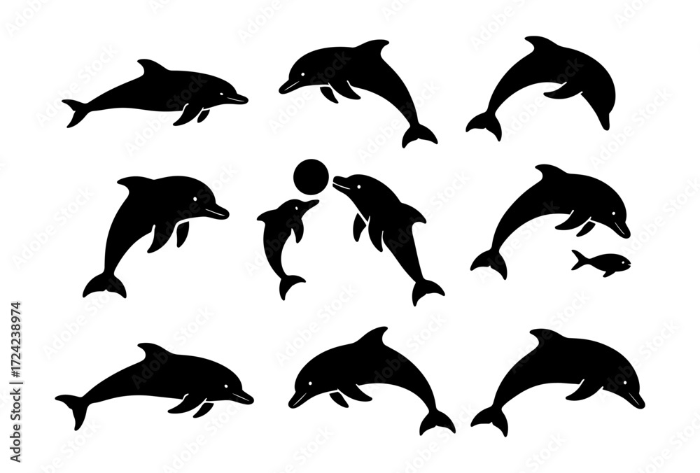 Fototapeta Black silhouette dolphins collection with different poses and interactions