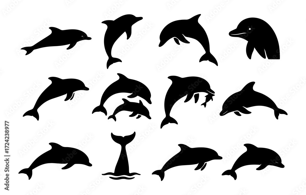 Naklejka premium Black silhouette collection of dolphins in various poses and angles for marine design