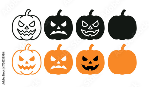 Halloween pumpkin faces spooky funny expressions black orange isolated. Pumpkin scary smile emotion