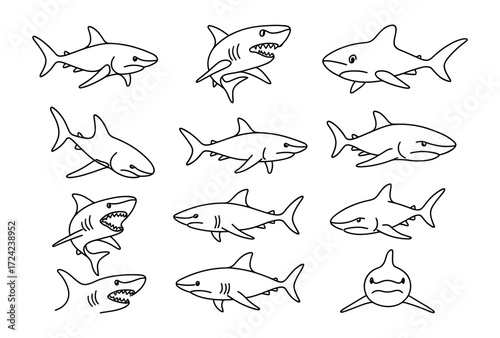 Collection of hand-drawn shark silhouettes: diverse poses and expressions
