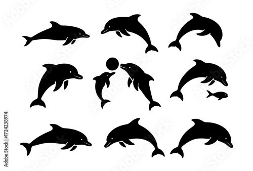 Black silhouette dolphins collection with different poses and interactions