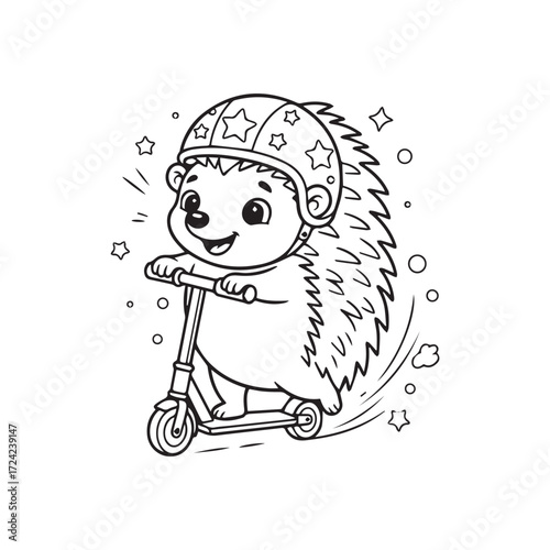 Cute Hedgehog with a Helmet Riding a Kick Scooter