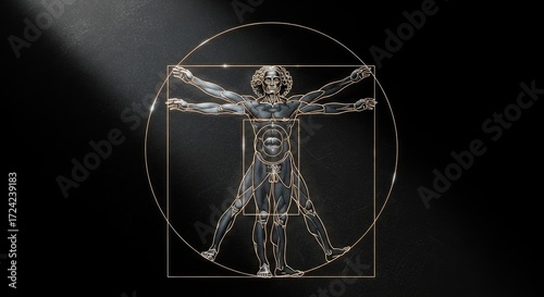 Vitruvian Man in dark metallic form with glowing golden geometry. Cosmic dust surrounds the ideal human figure in a radiant, universal balance of life.