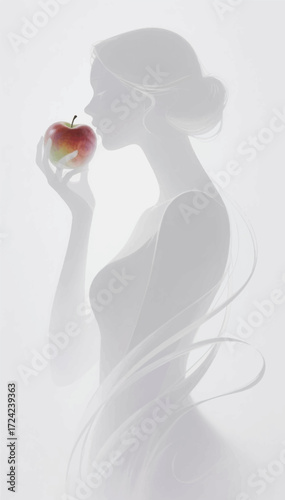 An illustration in monochrome gray tones of a silhouette of a woman standing in the fog and holding an apple in her hand. Vector graphics. EPS.
