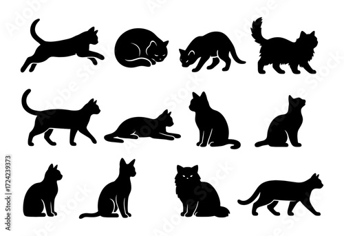 Collection of cat silhouettes: playful and relaxed poses