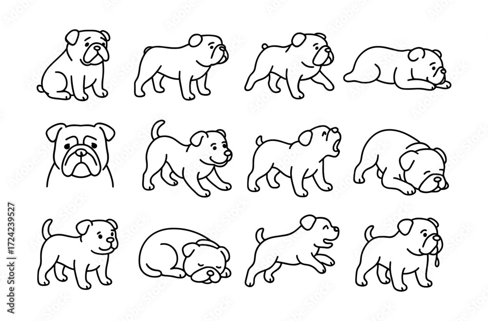 Obraz premium Adorable bulldog sketch set: playful poses and expressions for dog lovers