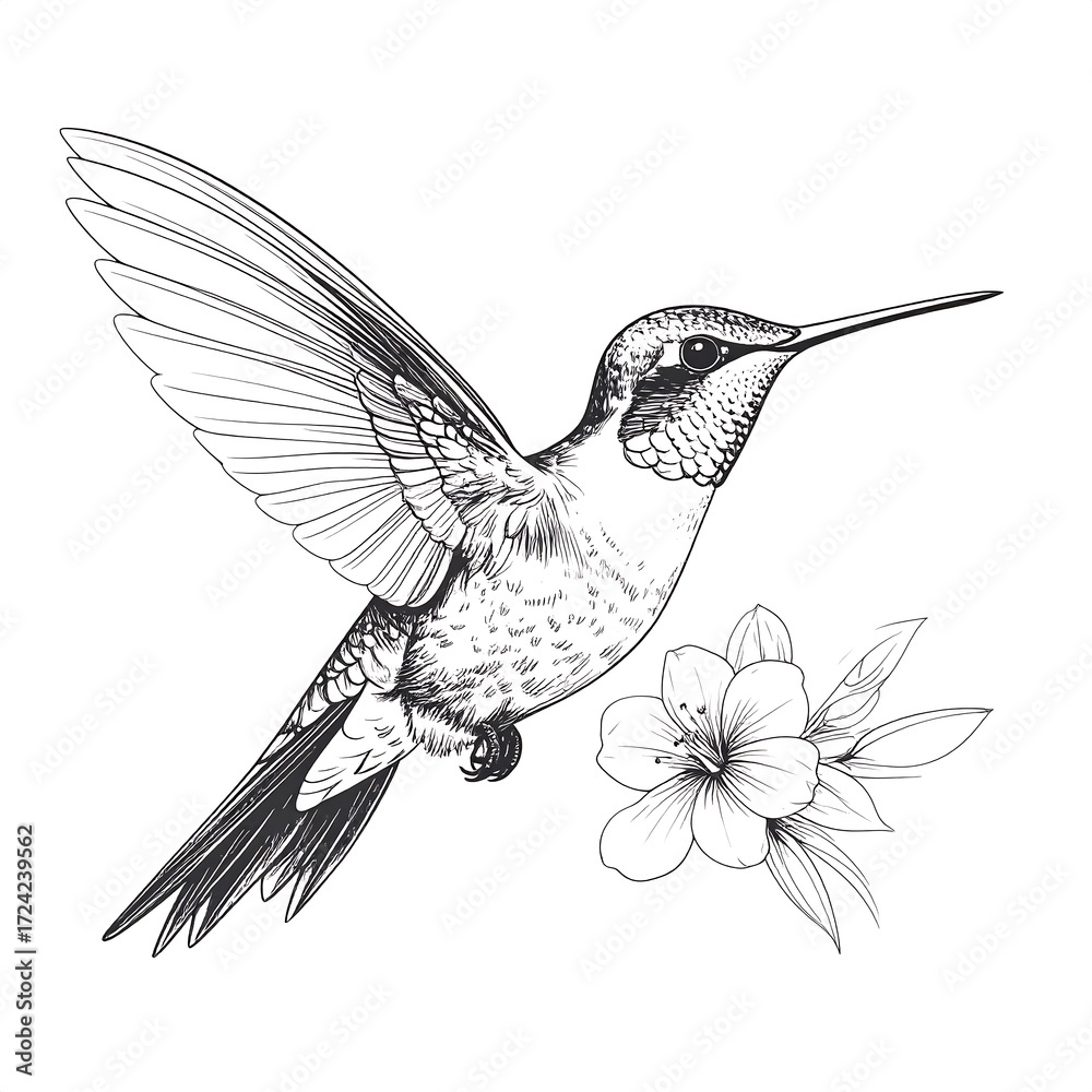 Obraz premium Elegant hummingbird in flight, near a flower