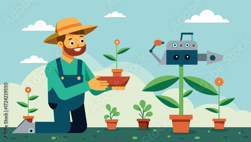 A farmer happily watches as a robotic seedling transplanter efficiently and accurately places each seedling into the soil with perfect precision.. Vector illustration