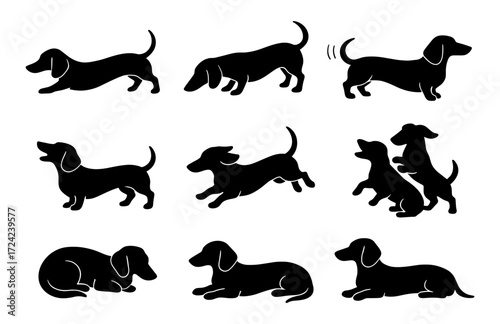 Silhouette dachshund set: playful poses and activities of sausage dogs