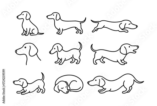 Dachshund silhouettes in various poses: playful dog sketch collection
