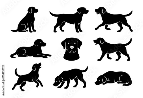 Set of dog silhouettes in various poses on white background
