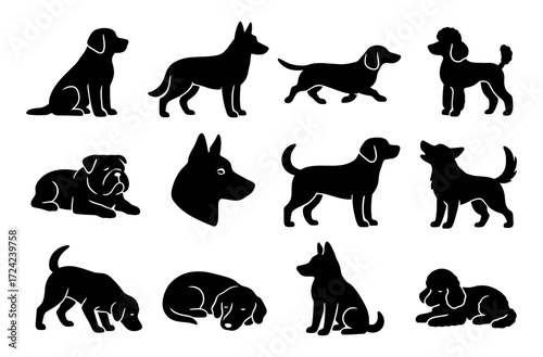 Black dog silhouettes collection featuring various breeds and poses