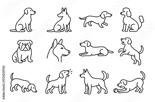 Outline designs of various dog breeds in playful poses