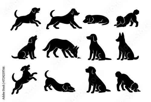 Dog silhouettes collection featuring various breeds in different poses