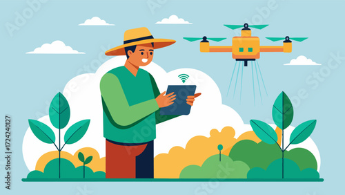 A farmer gathers data from precision drone spraying flights allowing for better analysis and decisionmaking for future crop management strategies.. Vector illustration