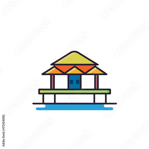 Colorful cartoon house on stilts over blue water