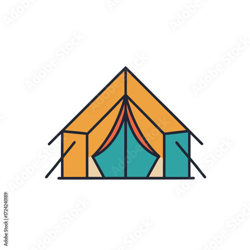 Simple geometric illustration of an orange and teal camping tent