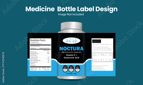 Modern medicine bottle label design featuring supplement with Vitamin C, zinc, and hyaluronic acid for branding and packaging presentation.