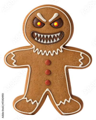 Evil Gingerbread Man PNG – Angry Creepy Cookie Character with Sharp Teeth on Transparent Background