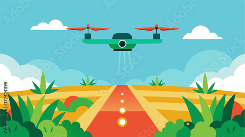 A drone equipped with infrared cameras flies over the farm identifying areas of low plant health and alerting farmers for targeted treatment.. Vector illustration