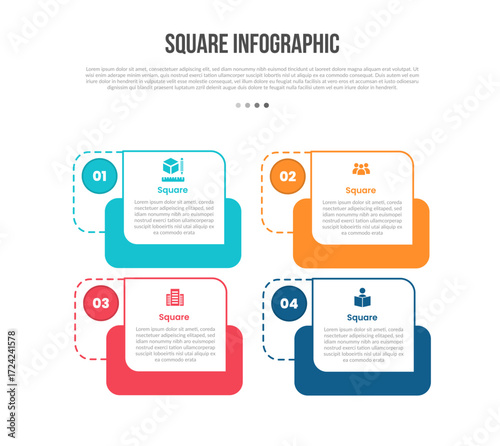 square base shape infographics template diagram with creative square layer stack combination with 4 point step creative simple flat outline