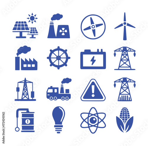 Collection of Blue Icons Representing Energy Sources and Industry