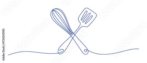 Minimalist Blue Line Art of Crossed Whisk and Spatula on White Background