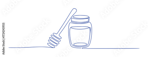 Minimalist Blue Line Art of Honey Jar and Dipper