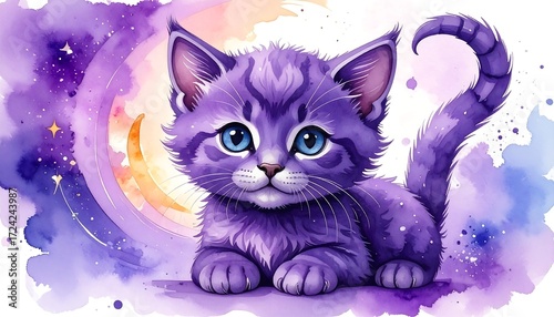 Cute purple kitten in a watercolor style