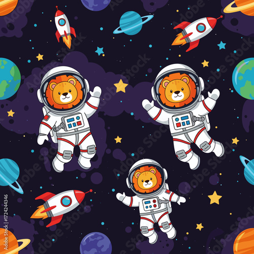 Cute cartoon lions as astronauts exploring space with planets and rockets Adventure concept
