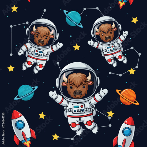 Cute cartoon yaks in astronaut suits floating in space with planets and rockets Fun adventure education