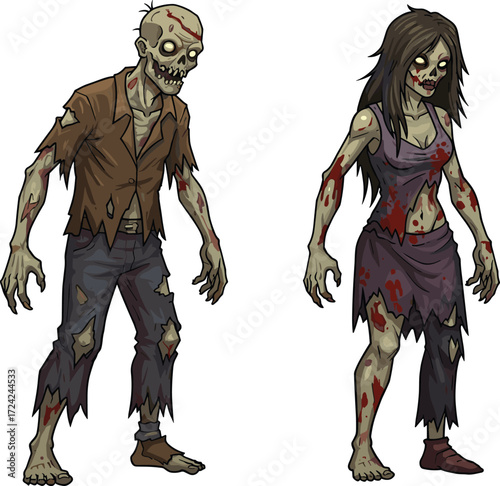 Zombie couple illustration, horror undead characters, scary cartoon artwork, Halloween theme, creepy walking dead, spooky night creatures, decayed monsters, apocalypse art