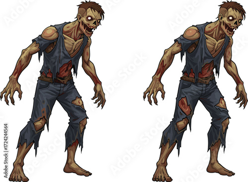 Zombie illustration, scary undead monster, horror character design, creepy cartoon artwork, Halloween zombie drawing, spooky creature, decayed skeleton figure, terrifying fantasy art