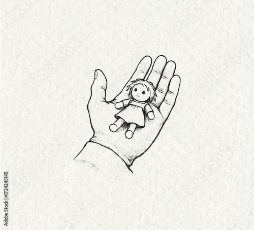 Emotional pencil sketch of a hand holding a tiny doll — nostalgic, artistic, and deeply human.