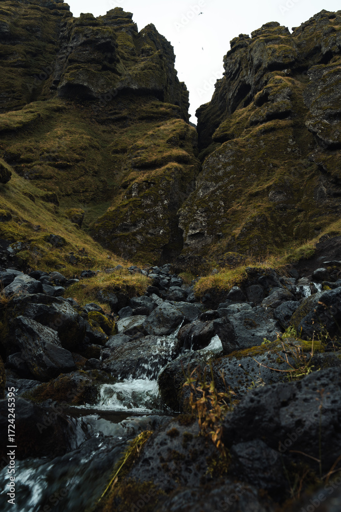 Obraz premium Vertical view of Raudfeldsgja Gorge with a river in the foreground