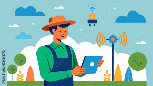 A farmer utilizing IoT weather stations to track wind speeds and direction optimizing farm layout and placement of crops for maximum yields.. Vector illustration
