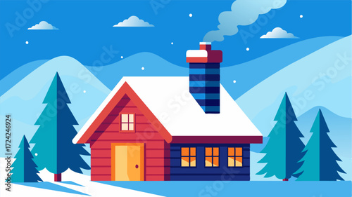 A snowcovered rooftop and chimney signaling the warmth and comfort of a cabin that doubles as a remote work office.. Vector illustration