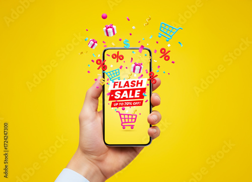 A vibrant image of a hand holding a smartphone displaying a 