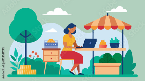 A woman sets up a mini popup shop on a park bench selling her handmade jewelry while also working on her website and responding to customer inquiries.. Vector illustration