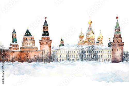Moscow in Russia architecture illustration watercolor.