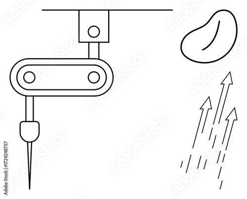 Robotic arm with precision needle alongside a seed and growth arrows. Ideal for agriculture, innovation, automation, biotechnology, sustainability, future farming, science. Simple flat metaphor