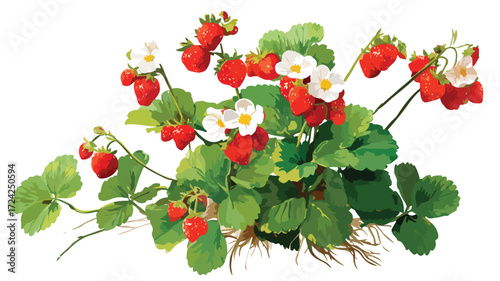Vibrant Strawberry Bush in Full Bloom with Ripe Strawberries - EPS Vector Illustration